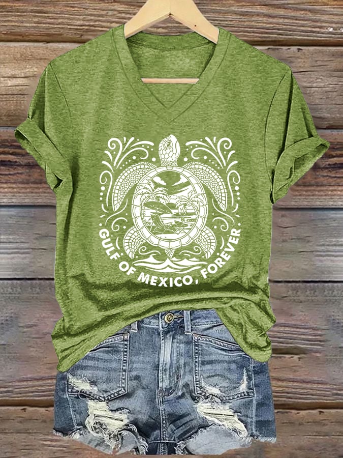 Women's Retro Golfo De Mexico forever Sea Turtle Print T-Shirt