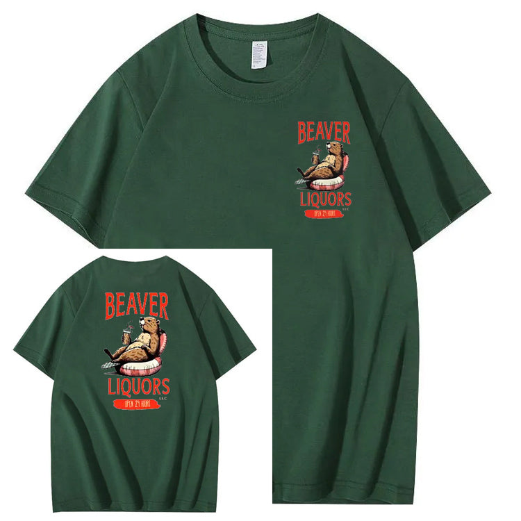 Beaver Pattern Print Crew Neck T-Shirt