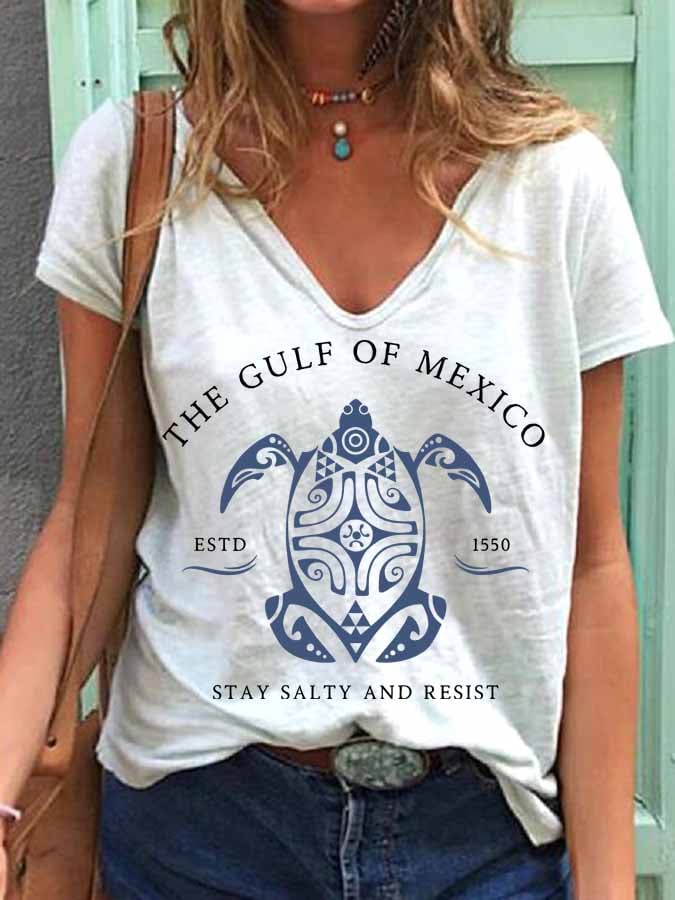 Women's Gulf Of Mexico Print V Neck T-Shirt
