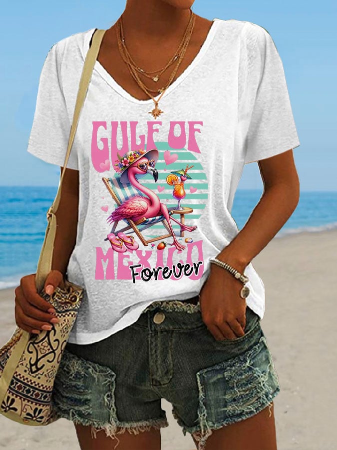 Women's Gulf Of Mexico Print V Neck Casual T-Shirt