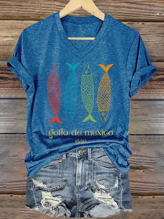 Women's Gulf Of Mexico Printed V Neck T-Shirt