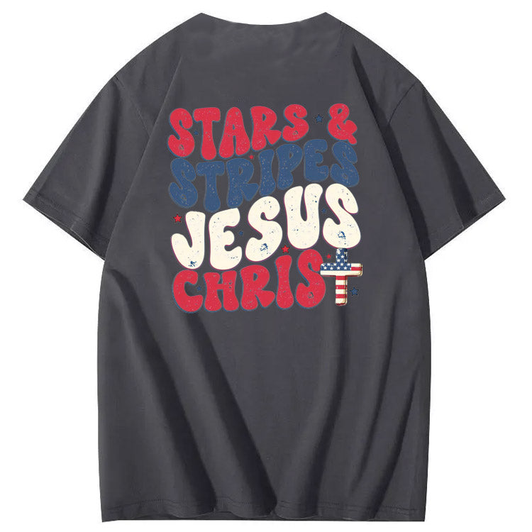 Independence Day Stars&Stripes Jesus Chirs Pattern Print T-Shirt