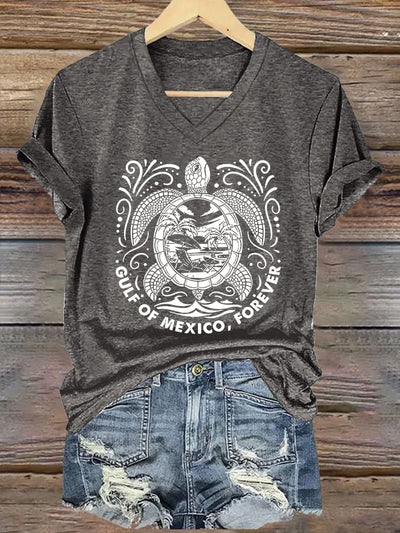 Women's Retro Golfo De Mexico forever Sea Turtle Print T-Shirt