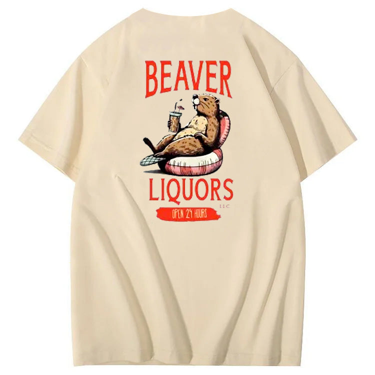 Beaver Pattern Print Crew Neck T-Shirt