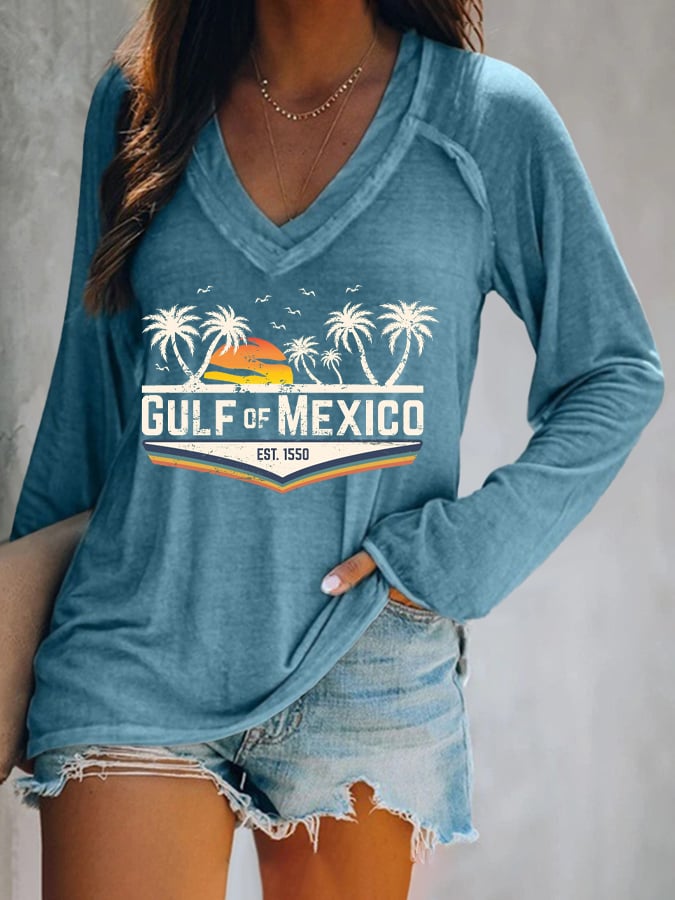 Women's Gulf Of Mexico Print V Neck T-Shirt