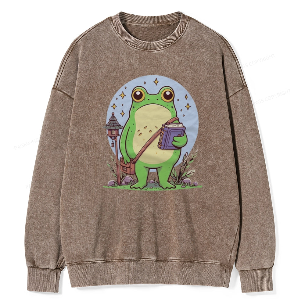 Frog Reading Book Unisex Washed Sweatshirt