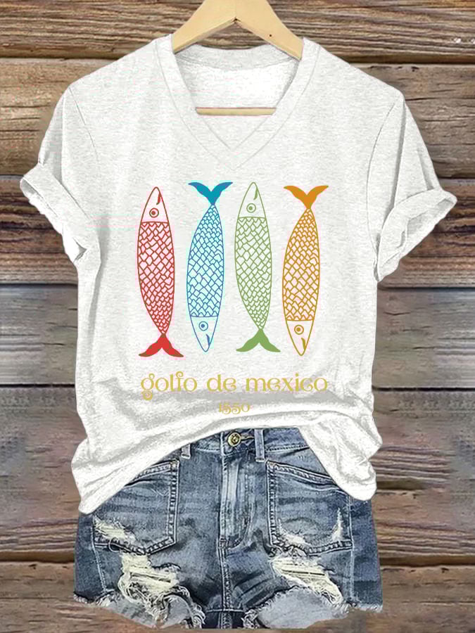 Women's Gulf Of Mexico Printed V Neck T-Shirt