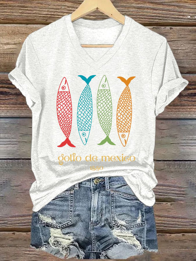Women's Gulf Of Mexico Printed V Neck T-Shirt