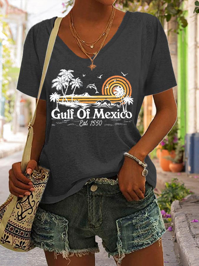 Women's Gulf Of Mexico Print V Neck Casual T-Shirt