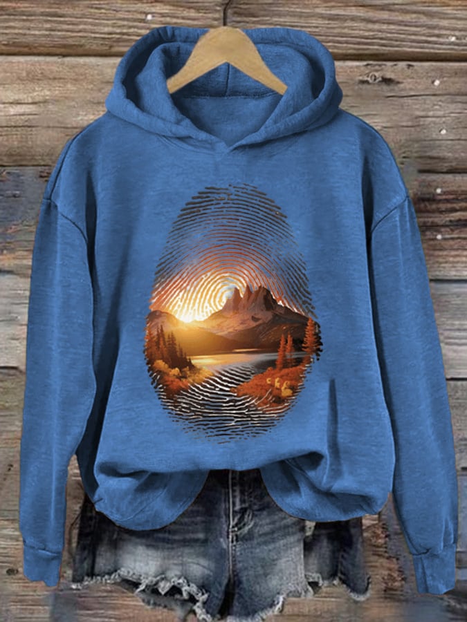 Women's Three Peaks Fingerprint Hiking Print Hooded Long Sleeve Sweatshirt