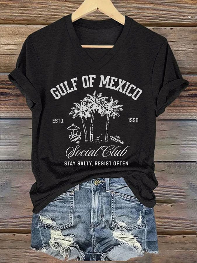 Women's Retro Gulf Of Mexico Social Club Stay Salty Resist Often Est 1550 Print T-Shirt