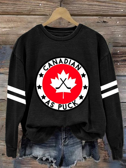 Women's Canadian Hockey Print Crew Neck Long Sleeve Sweatshirt