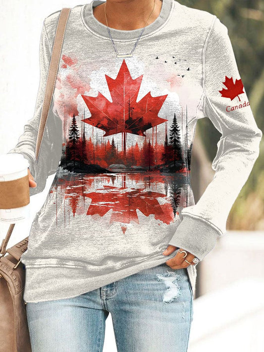 Women'S Autumn Landscape Featuring Canadian Maple Leaves Print Sweatshirt