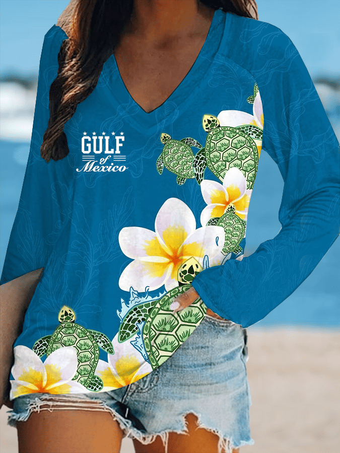 Women's Gulf Of Mexico Printed V-Neck T-Shirt