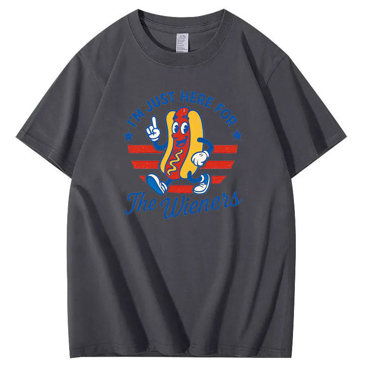 4th Of July Just Here For The Wieners Pattern Print Cotton T-Shirt