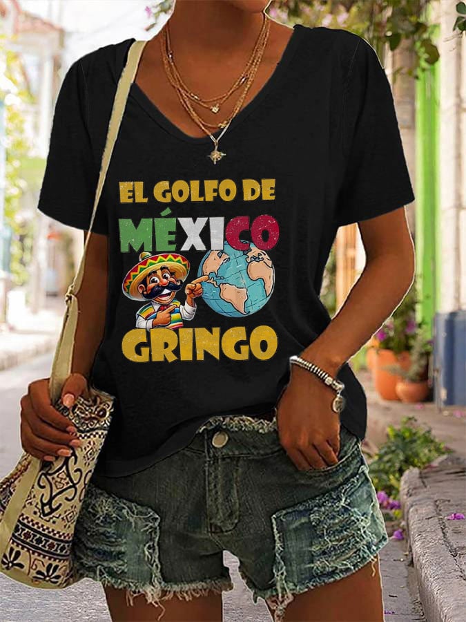 Women's "The Gulf of Mexico Gringo" Printed V-Neck T-Shirt