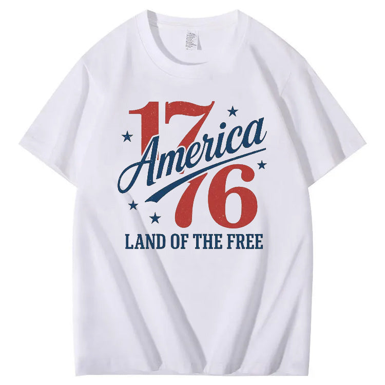 Independence Day 1776 America Land Of The Free Pattern Print 100%Cotton T-Shirt
