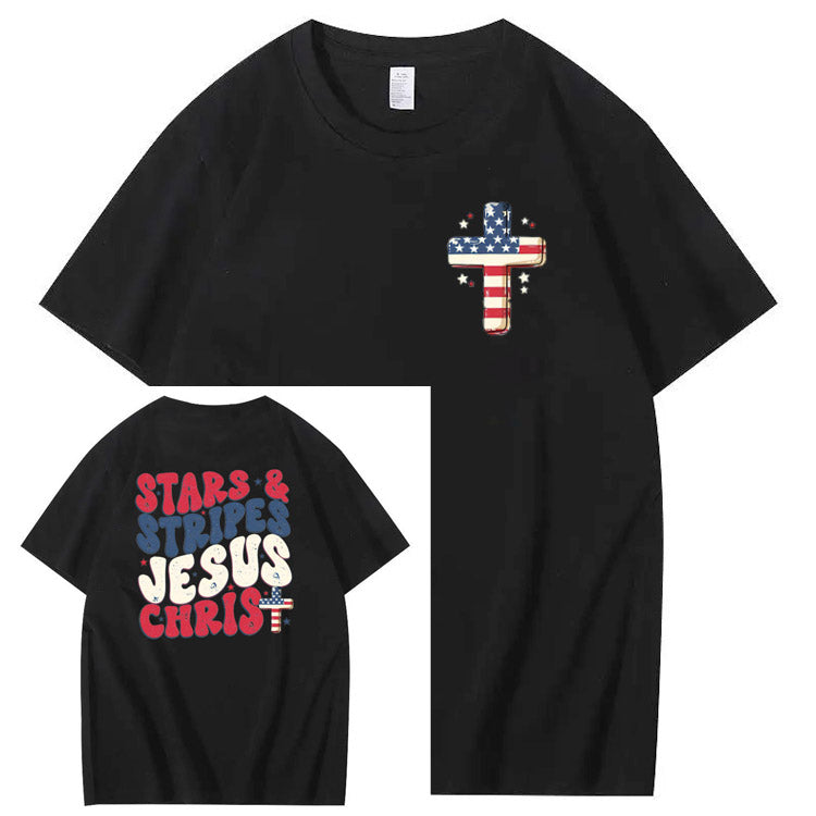 Independence Day Stars&Stripes Jesus Chirs Pattern Print T-Shirt