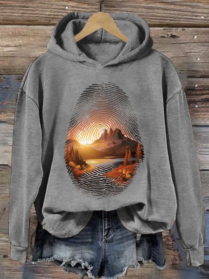 Women's Three Peaks Fingerprint Hiking Print Hooded Long Sleeve Sweatshirt