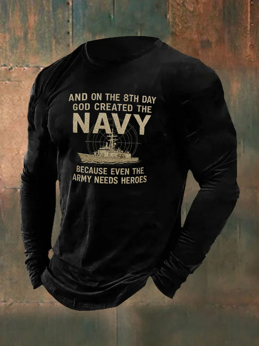 Men's Navy  Pattern Long Sleeve 100% Cotton T-Shirt
