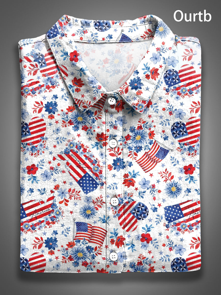 Floral Flag Red White Blue Abstract 1776 Freedom USA Independence Day Abstract Pattern Art Print Casual 100% Cotton Shirt