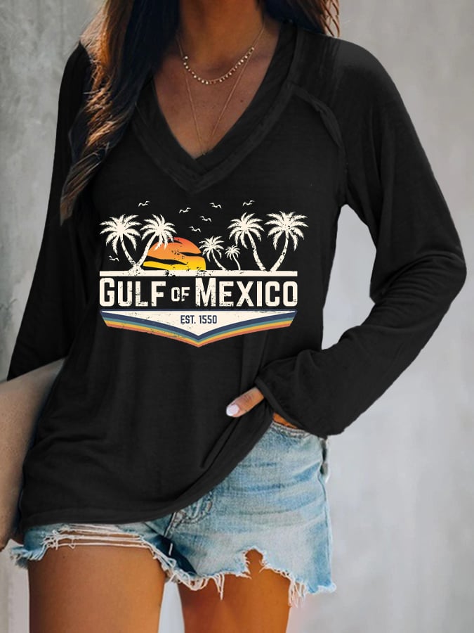 Women's Gulf Of Mexico Print V Neck T-Shirt