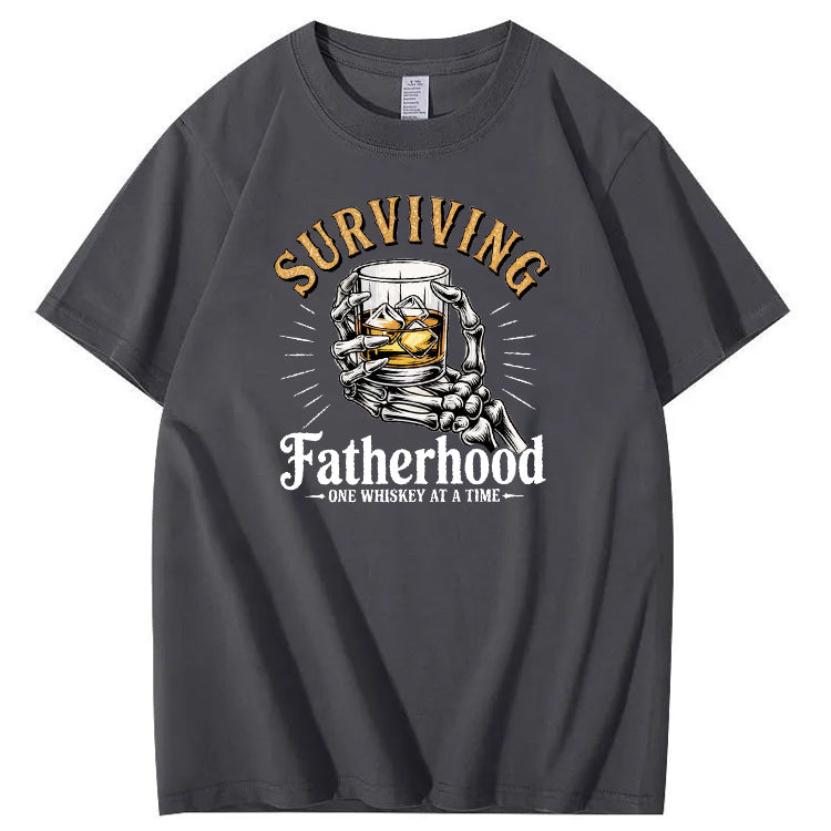 Fatherhood One Whiskey At A Time Pattern Print 100%Cotton T-Shirt
