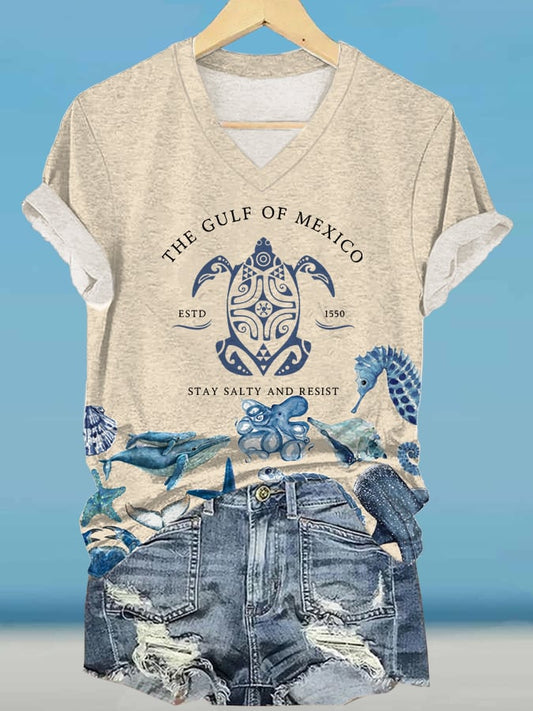 Women's Gulf Of Mexico Print V Neck T-Shirt
