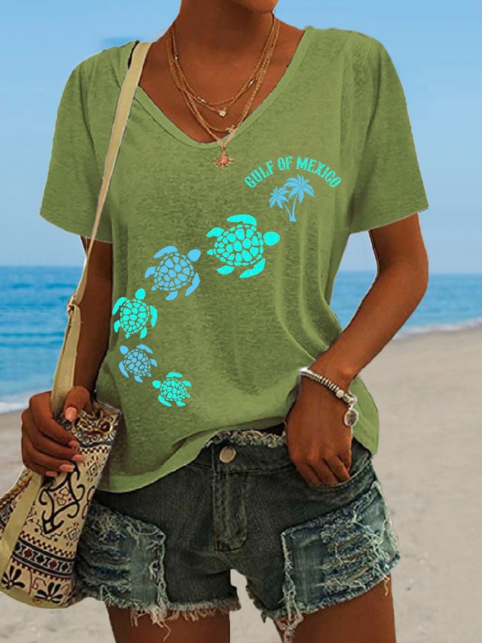 Women's Gulf Of Mexico Print V Neck Casual T-Shirt