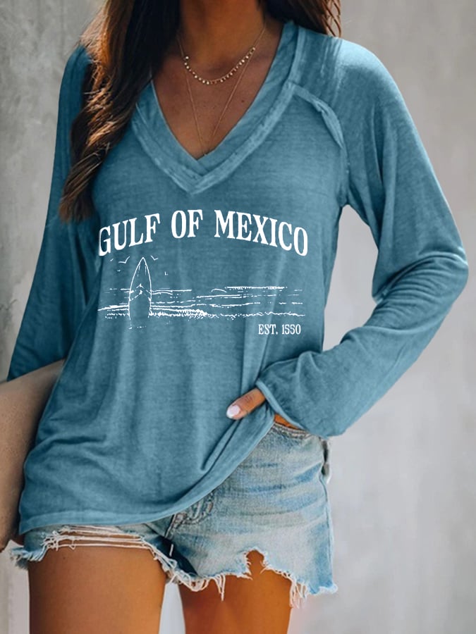 Women's Gulf Of Mexico Print V Neck T-Shirt