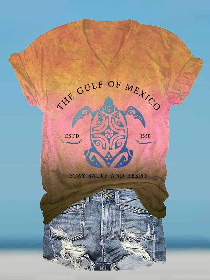 Women's Gulf Of Mexico Print V Neck T-Shirt