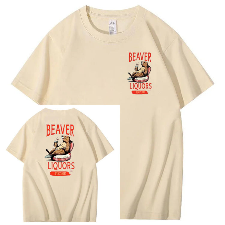 Beaver Pattern Print Crew Neck T-Shirt