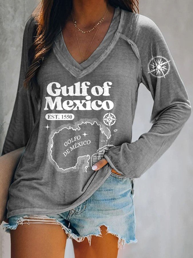 Women's Gulf Of Mexico Print V Neck T-Shirt