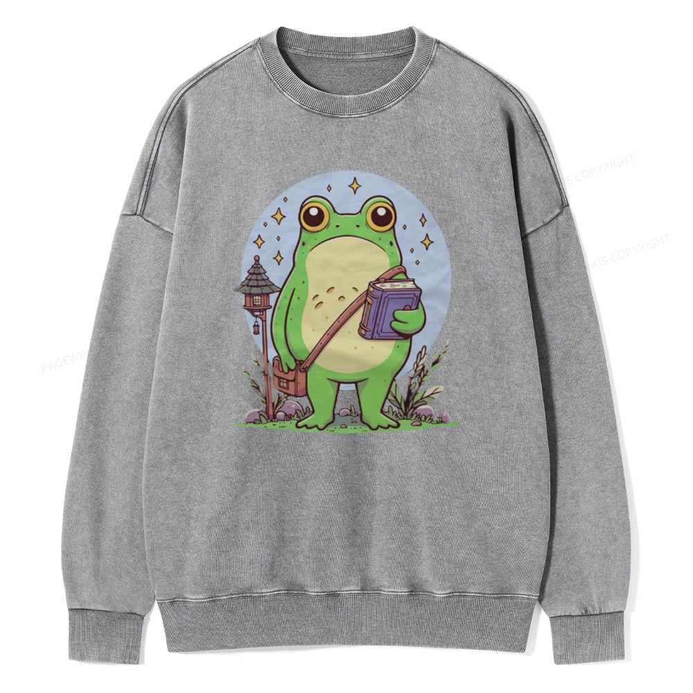 Frog Reading Book Unisex Washed Sweatshirt
