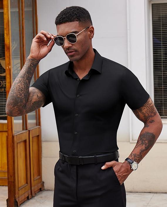 Stretch Dress Shirts for Men Short Sleeve Slim Fit Casual Button Down Shirts Muscle Fit Men's Dress Shirts