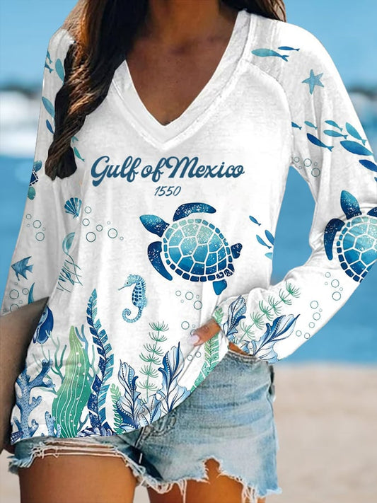 Women's Gulf Of Mexico Printed V-Neck T-Shirt