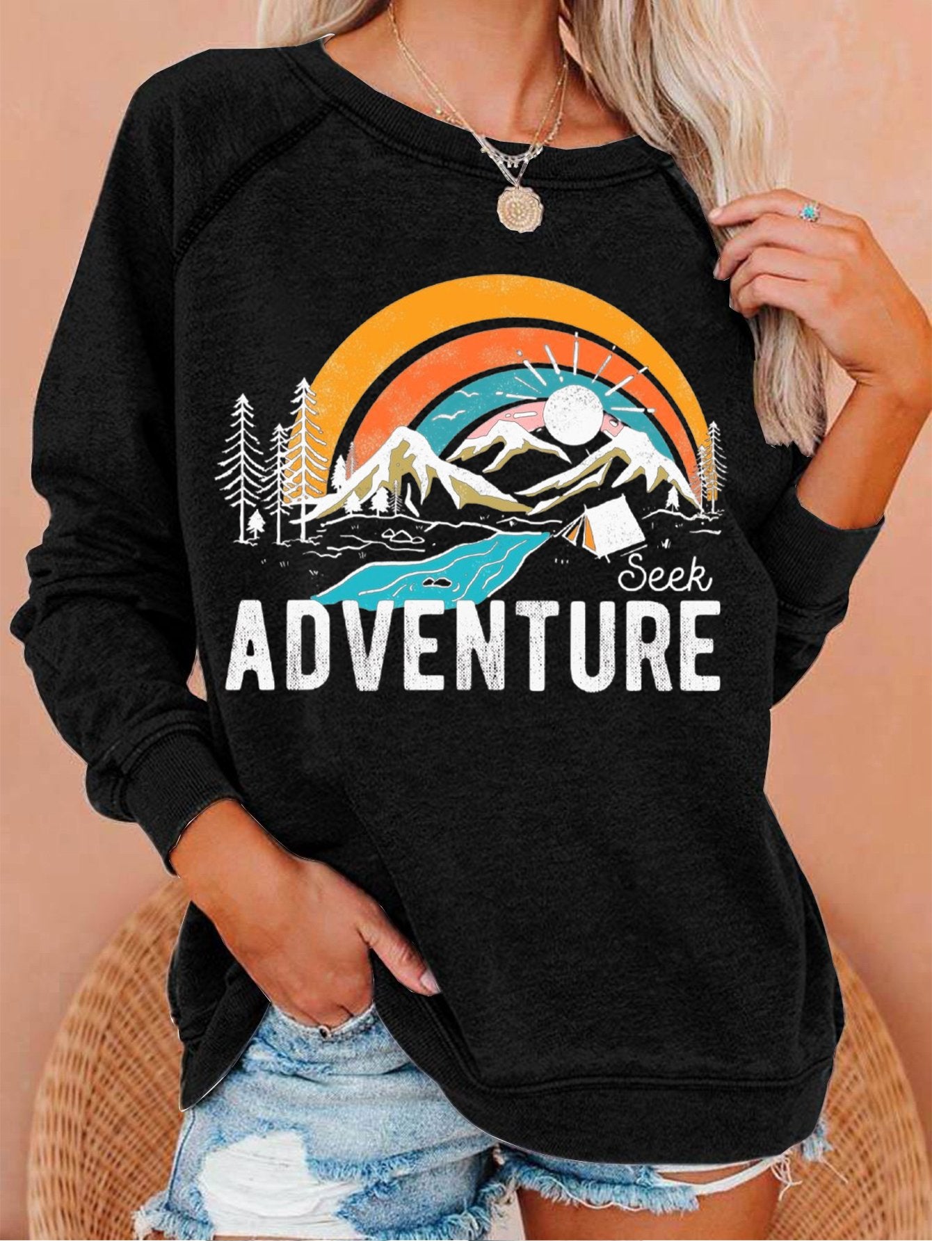 Women's Adventure Hiking Print Crew Neck Long Sleeve Sweatshirt