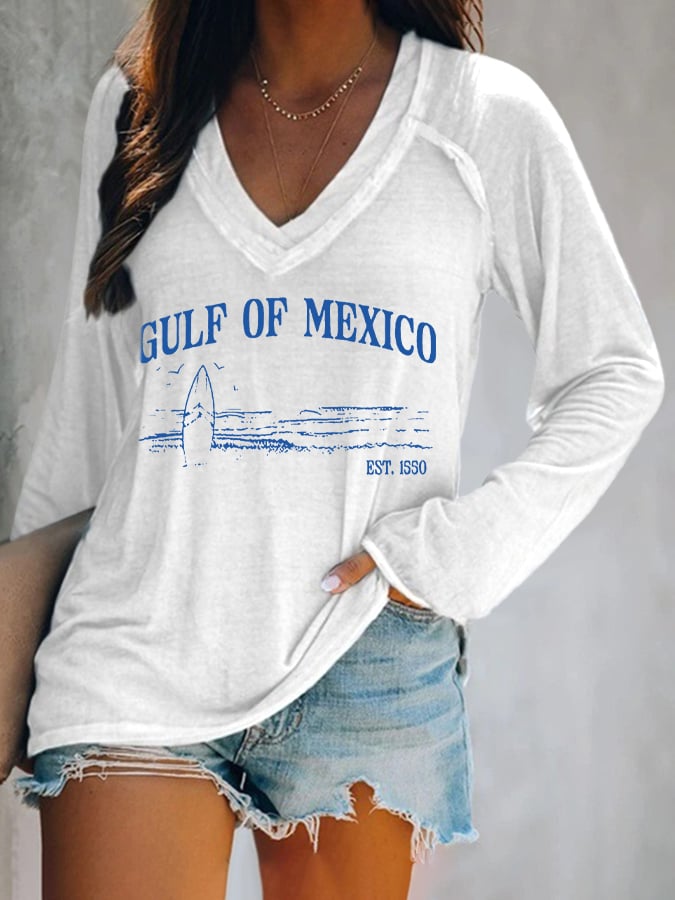 Women's Gulf Of Mexico Print V Neck T-Shirt