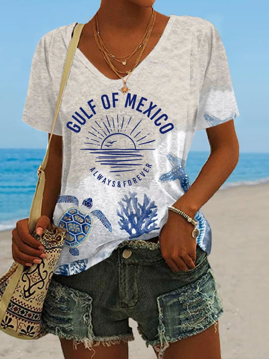 Women's Gulf Of Mexico Print V Neck T-Shirt