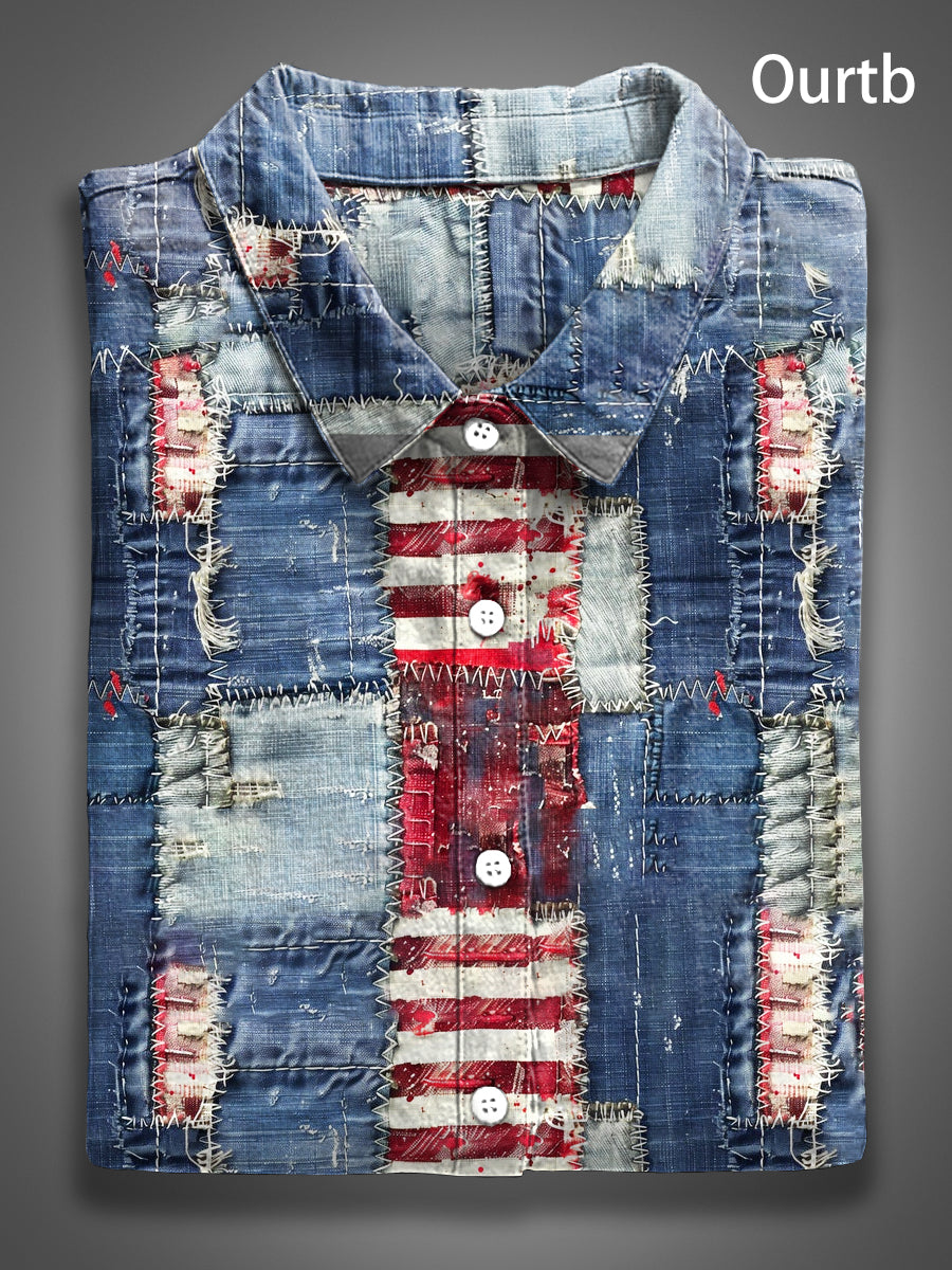 Red White Blue Abstract Splicing 1776 Freedom USA Independence Day Abstract Pattern Art Print Casual 100% Cotton Shirt