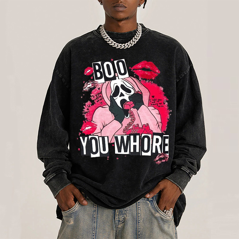 Boo You Who Are Unisex Washed Printed Round Neck Long Sleeve Sweatshirt