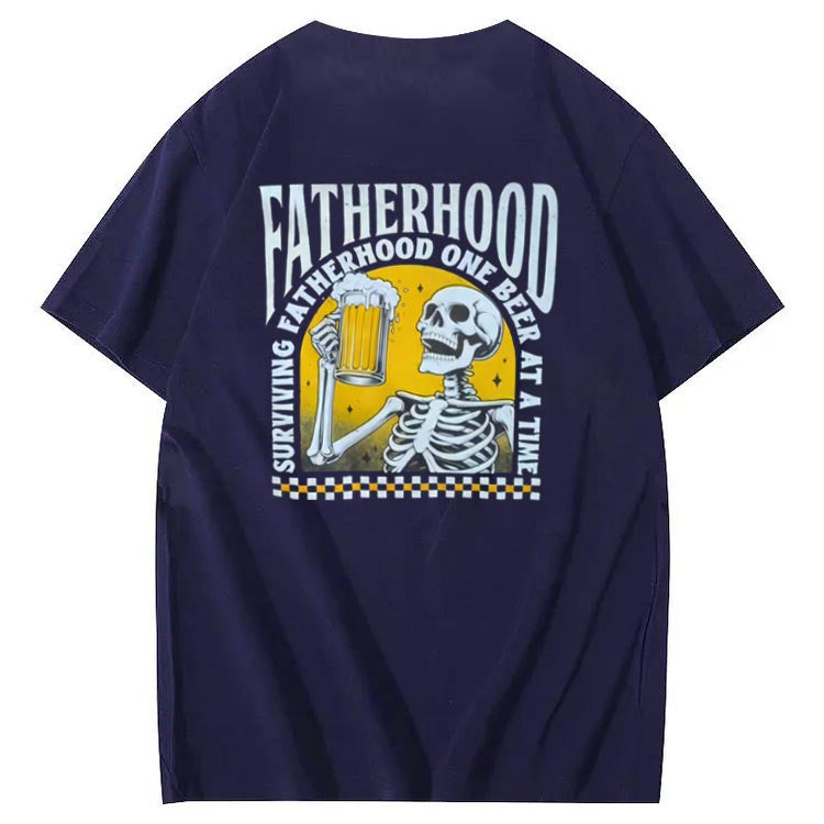 Fatherhood Skull And Beer Pattern Print Cotton T-Shirt