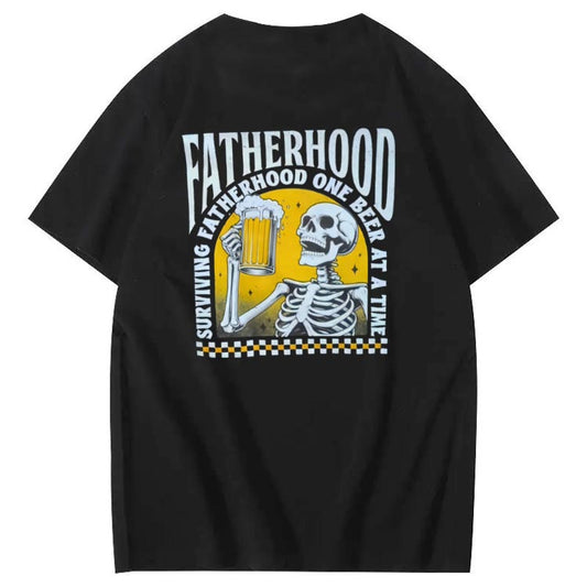 Fatherhood Skull And Beer Pattern Print Cotton T-Shirt