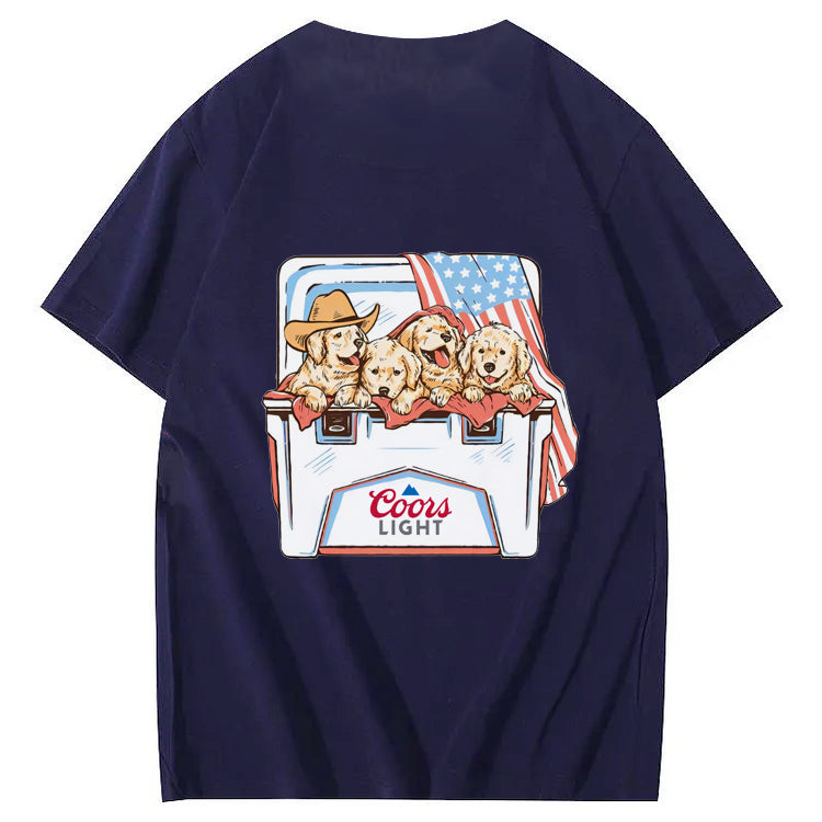 Funny Dogs And American Flag Pattern Print T-Shirt