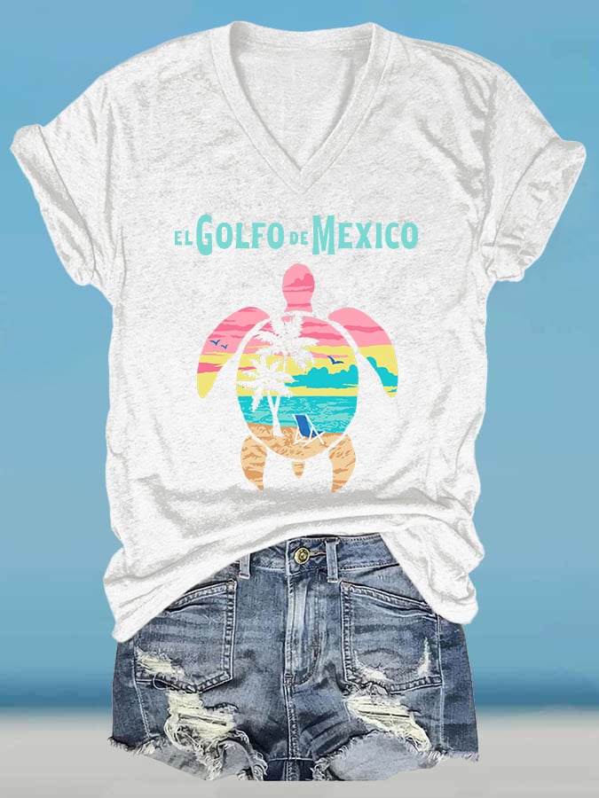 Women's Retro Golfo De Mexico Sea Turtle Print T-Shirt