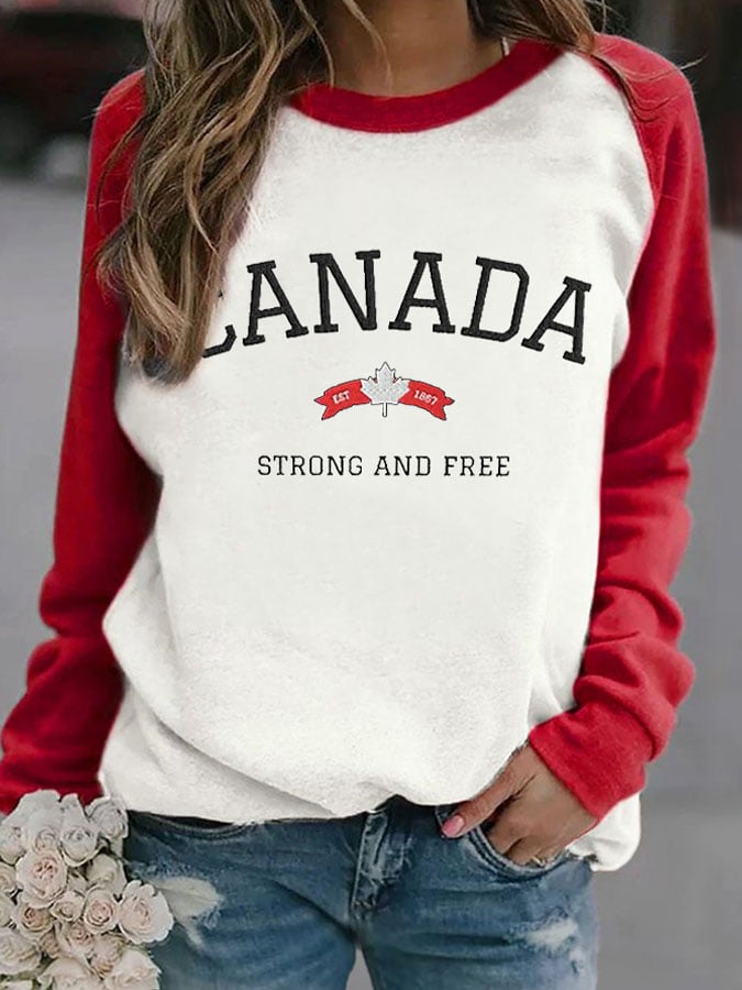 Women'S Retro Canada Strong And Free Print Sweatshirt