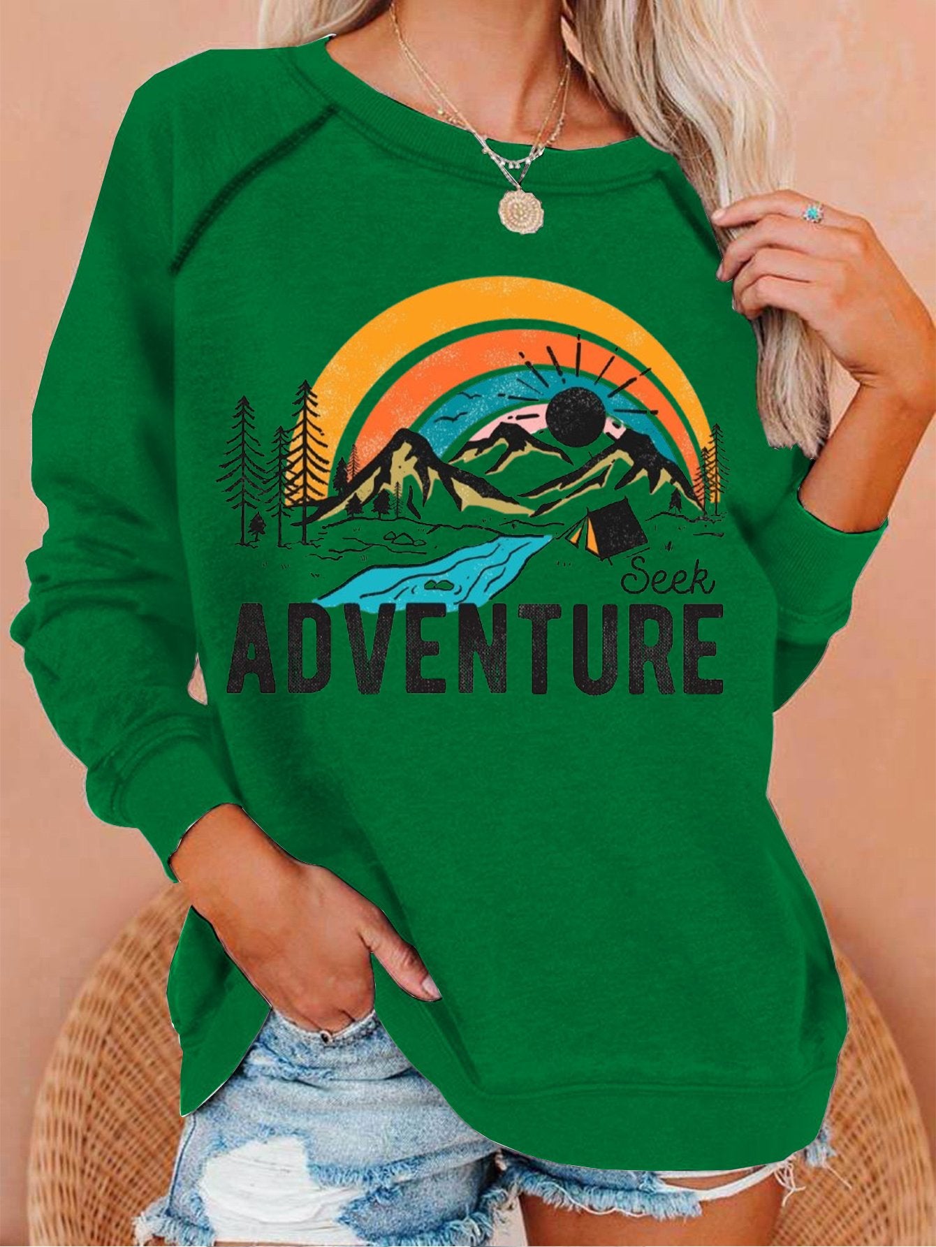Women's Adventure Hiking Print Crew Neck Long Sleeve Sweatshirt