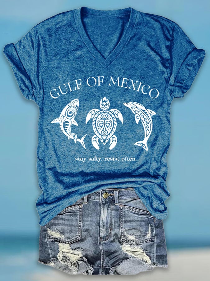 Women's Retro Gulf Of Mexico Stay Salty Resist Often Print T-Shirt