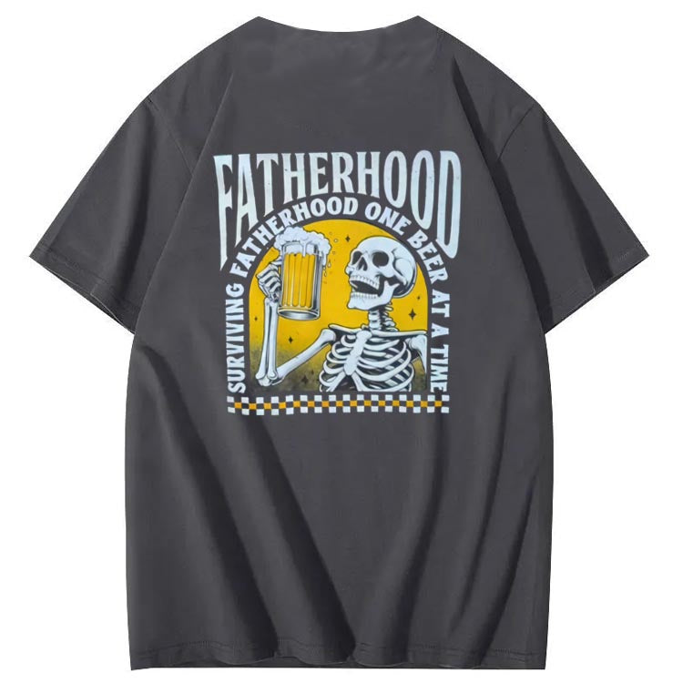 Fatherhood Skull And Beer Pattern Print Cotton T-Shirt