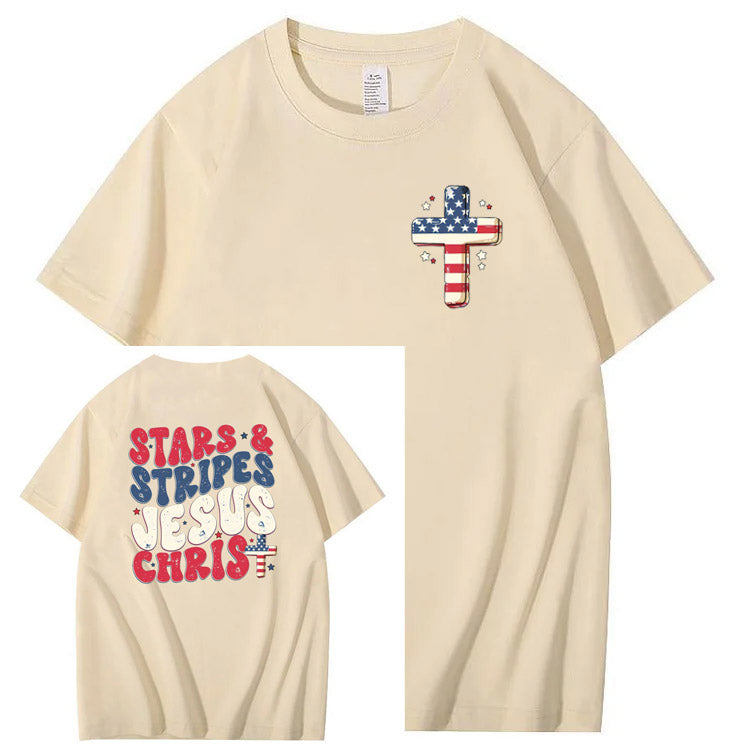 Independence Day Stars&Stripes Jesus Chirs Pattern Print T-Shirt